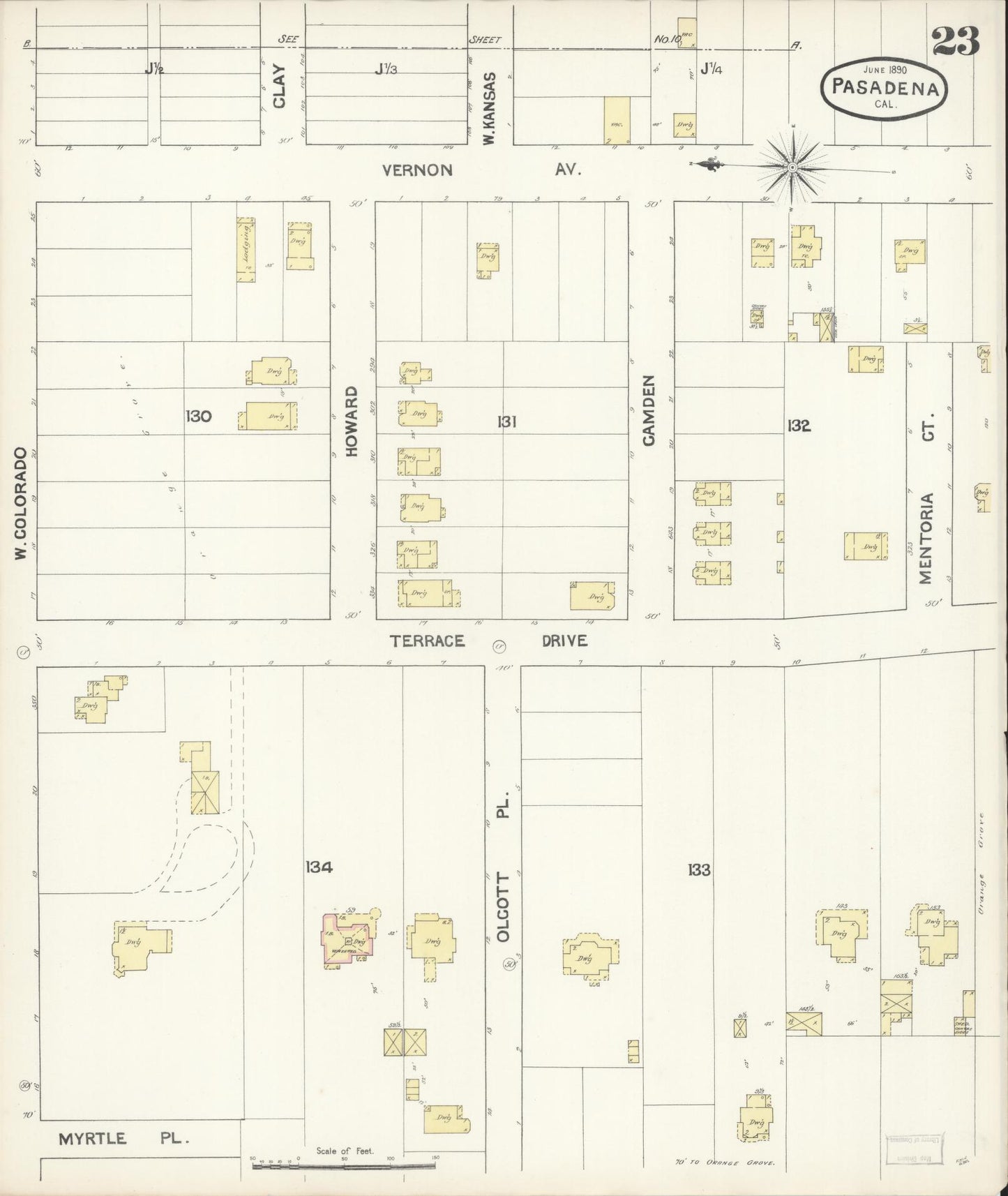 Sanborn Fire Insurance Map from Pasadena, Los Angeles County, California (1890), Sheet #0023 - Complete Map Set gallery image, historic Sanborn map, vintage wall art, California California