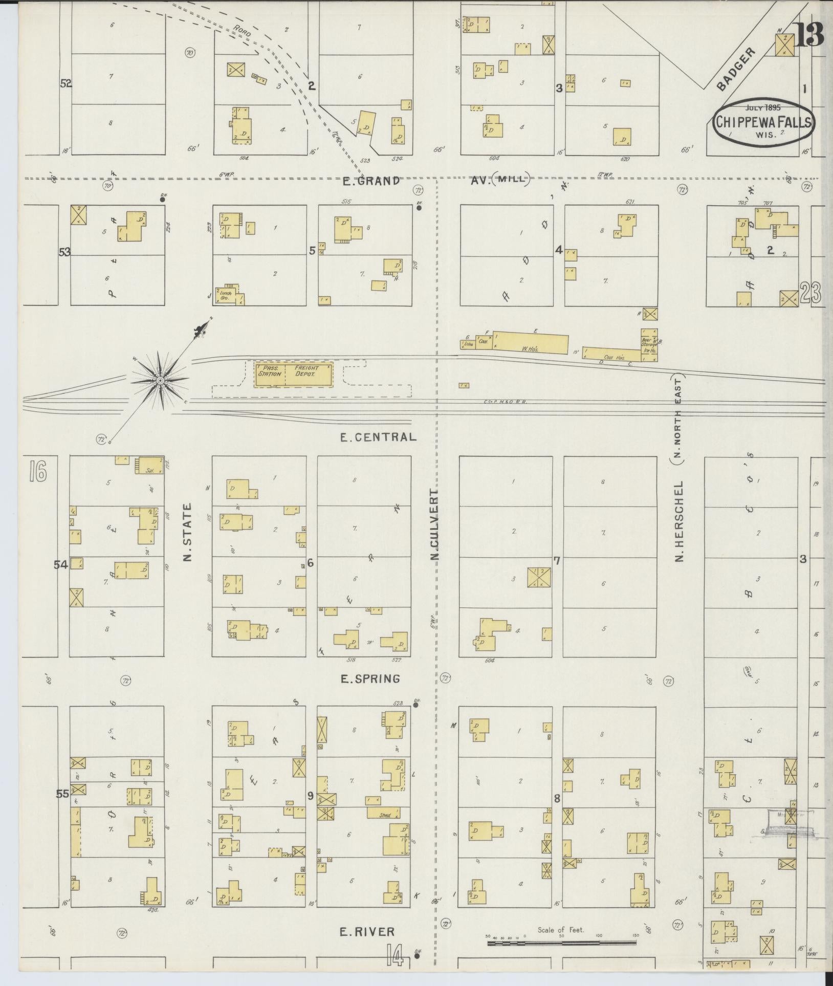 Sanborn Fire Insurance Map from Chippewa Falls, Chippewa County, Wisconsin (1895), Sheet #0013 - Historic Sanborn Fire Insurance Map Print, vintage old map wall art, antique decor, genealogy gift, Wisconsin Wisconsin map