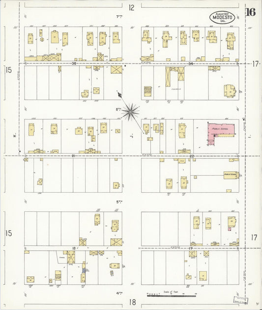 Sanborn Fire Insurance Map from Modesto, Stanislaus County, California (1907), Sheet #0016 - Historic Sanborn Fire Insurance Map Print, vintage old map wall art, antique decor, genealogy gift, California California map