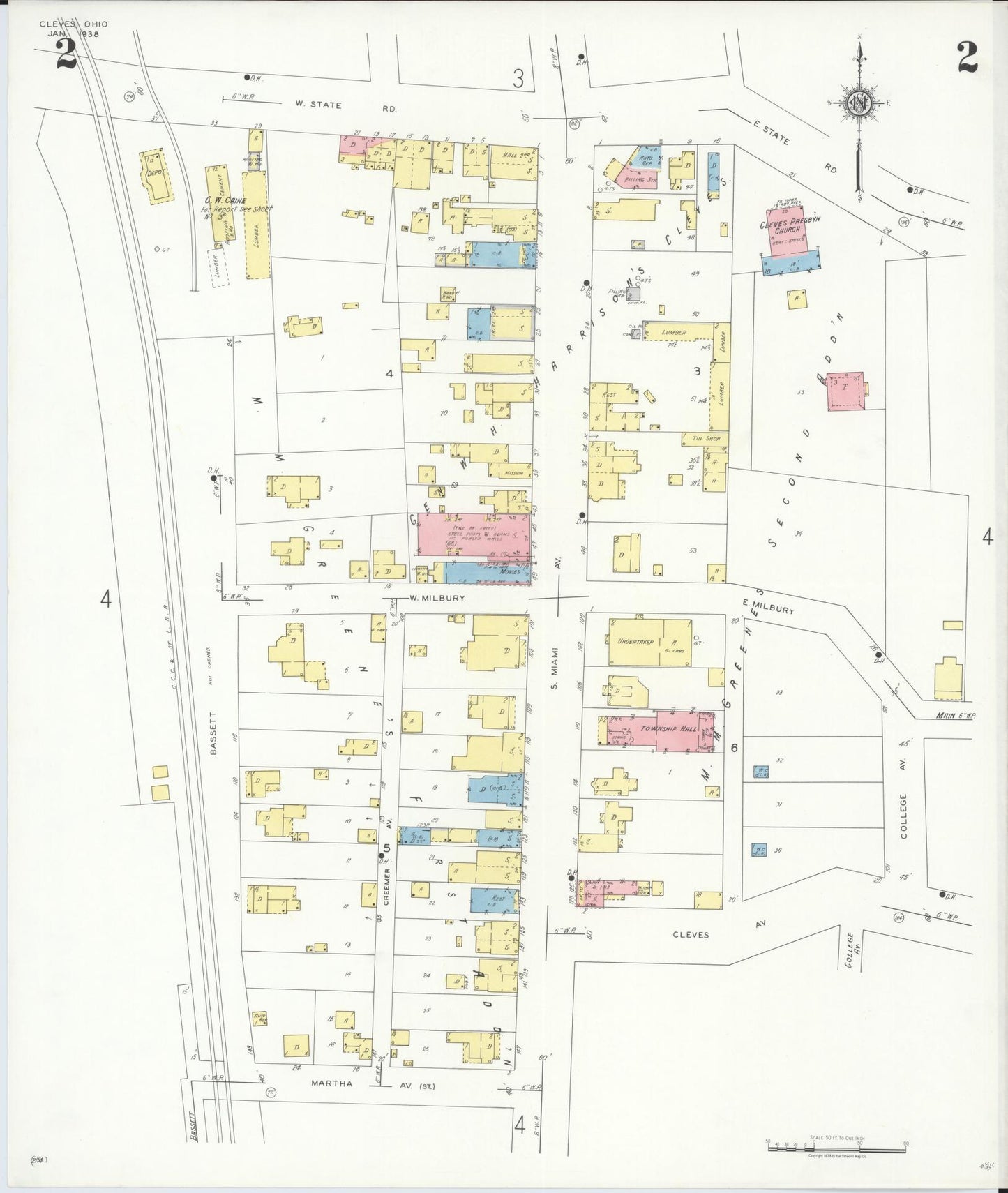 Sanborn Fire Insurance Map from Cleves, Hamilton County, Ohio (1938), Sheet #0002 - Complete Map Set gallery image, historic Sanborn map, vintage wall art, Ohio Ohio
