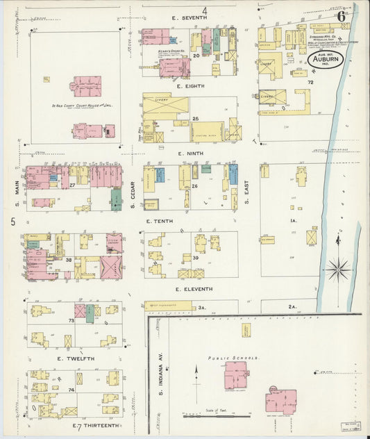 Sanborn Fire Insurance Map from Auburn, De Kalb County, Indiana (1907), Sheet #0006 - Historic Sanborn Fire Insurance Map Print, vintage old map wall art, antique decor, genealogy gift, Indiana Indiana map
