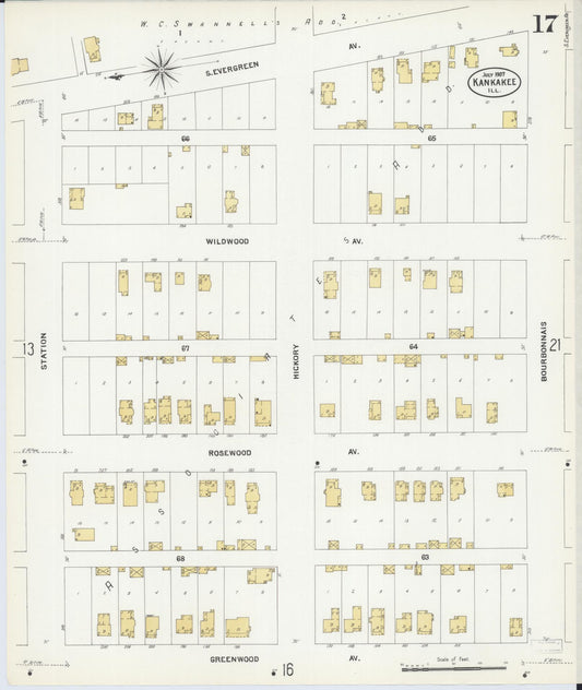 Sanborn Fire Insurance Map from Kankakee, Kankakee County, Illinois (1907), Sheet #0017 - Historic Sanborn Fire Insurance Map Print, vintage old map wall art, antique decor, genealogy gift, Illinois Illinois map
