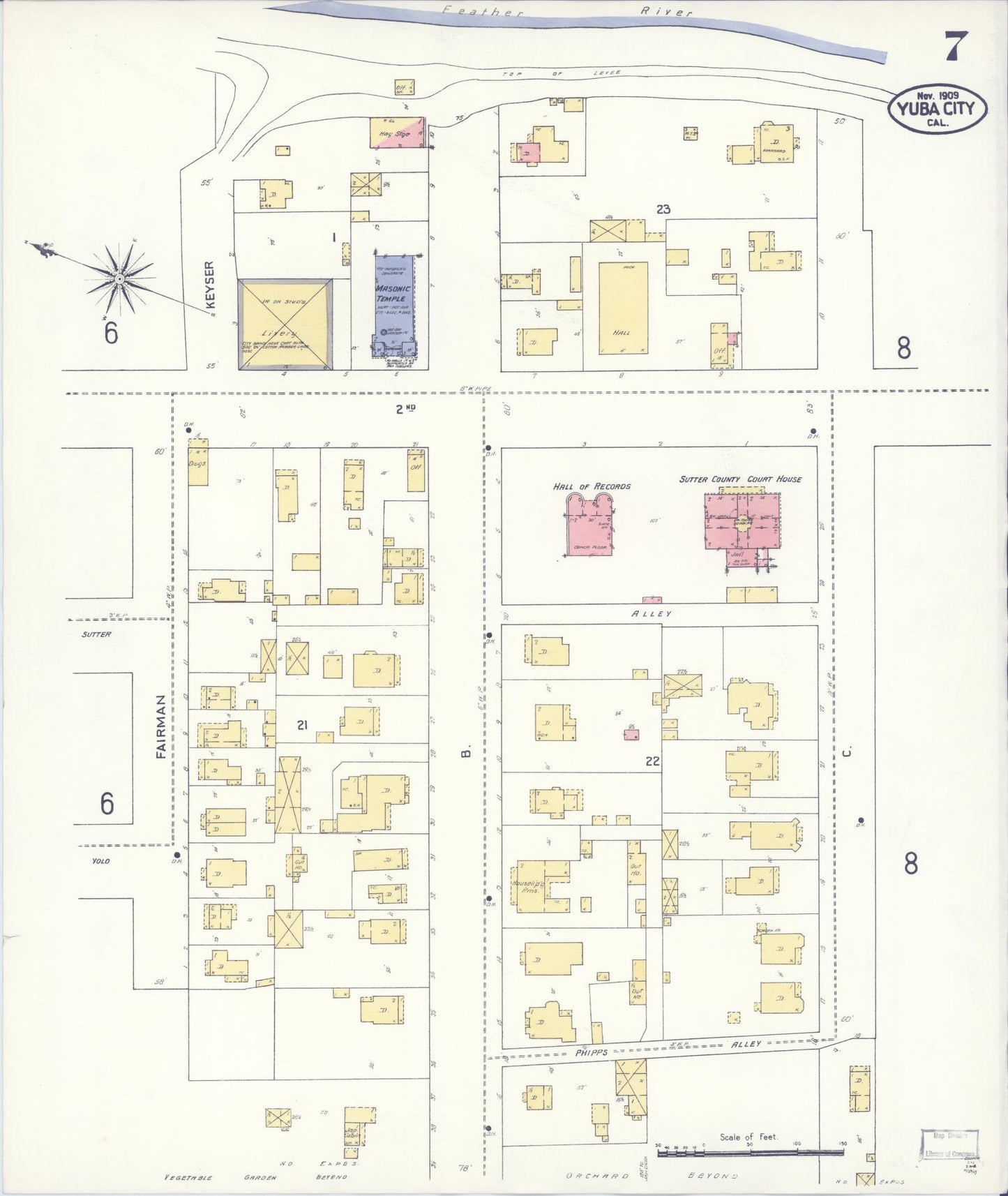 Sanborn Fire Insurance Map from Yuba City, Sutter County, California (1909), Sheet #0007 - Complete Map Set gallery image, historic Sanborn map, vintage wall art, California California