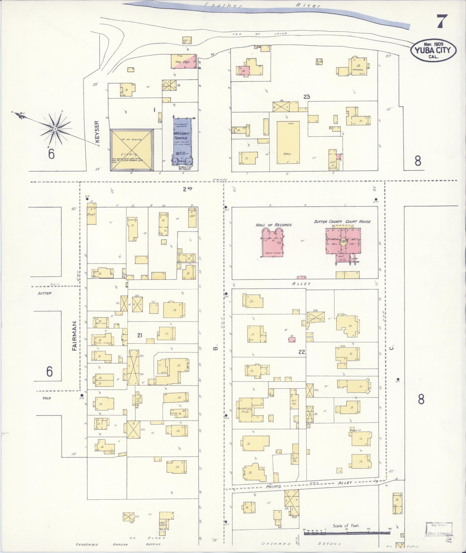 Sanborn Fire Insurance Map from Yuba City, Sutter County, California (1909), Sheet #0007 - Complete Map Set gallery image, historic Sanborn map, vintage wall art, California California