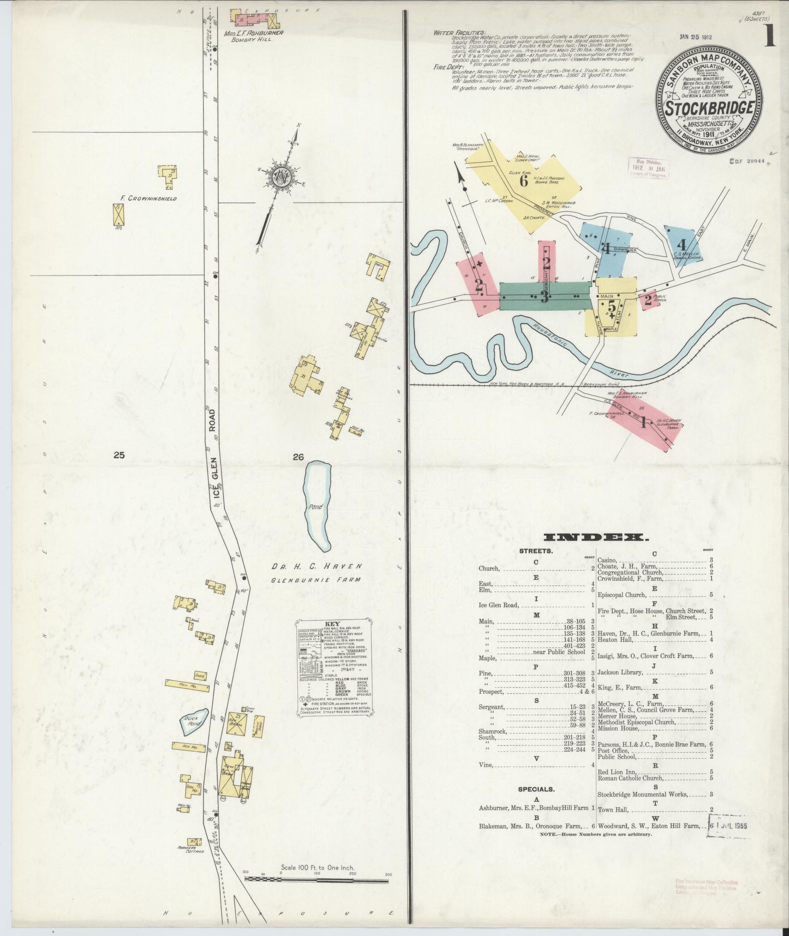 Sanborn Fire Insurance Map from Stockbridge, Berkshire County, Massachusetts (1911), Sheet #0001 - Historic Sanborn Fire Insurance Map Print, vintage old map wall art, antique decor, genealogy gift, Massachusetts Massachusetts map
