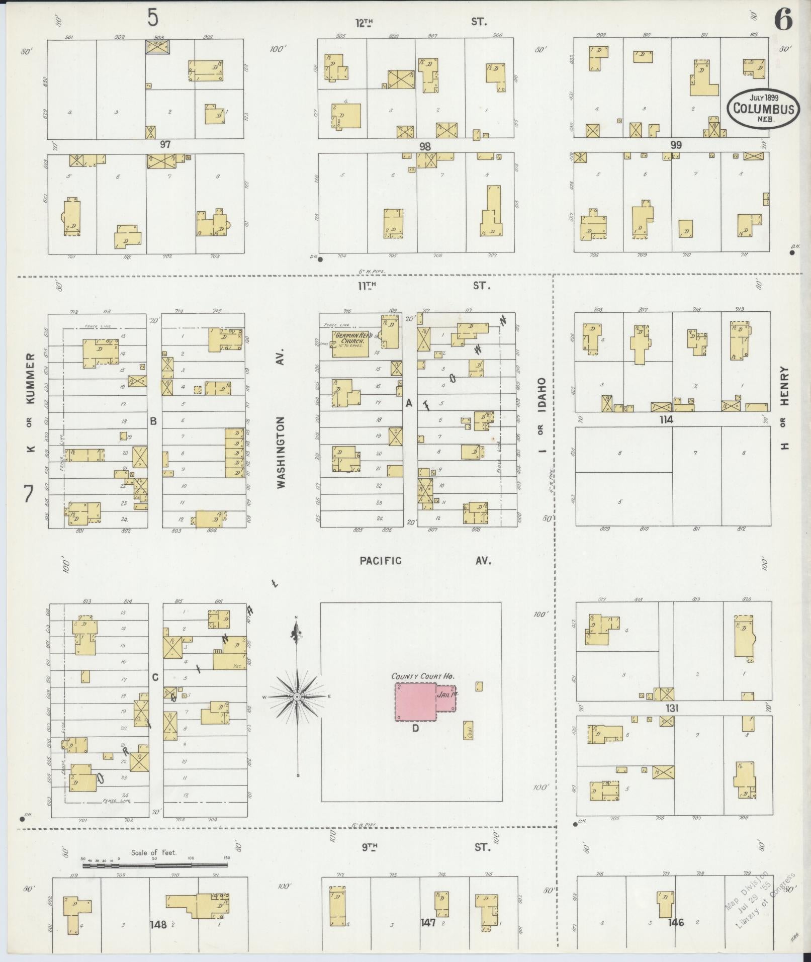 Sanborn Fire Insurance Map from Columbus, Platte County, Nebraska (1899), Sheet #0006 - Historic Sanborn Fire Insurance Map Print, vintage old map wall art, antique decor, genealogy gift, Nebraska Nebraska map