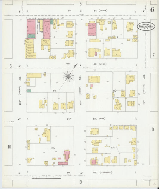 Sanborn Fire Insurance Map from Tuscaloosa, Tuscaloosa County, Alabama (1905), Sheet #0006 - Historic Sanborn Fire Insurance Map Print, vintage old map wall art, antique decor, genealogy gift, Alabama Alabama map