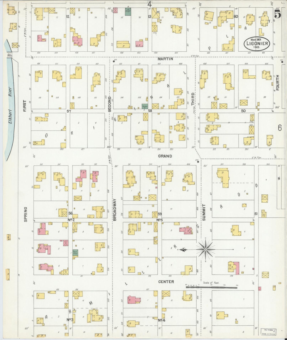 Sanborn Fire Insurance Map from Ligonier, Noble County, Indiana (1901), Sheet #0005 - Historic Sanborn Fire Insurance Map Print, vintage old map wall art, antique decor, genealogy gift, Indiana Indiana map