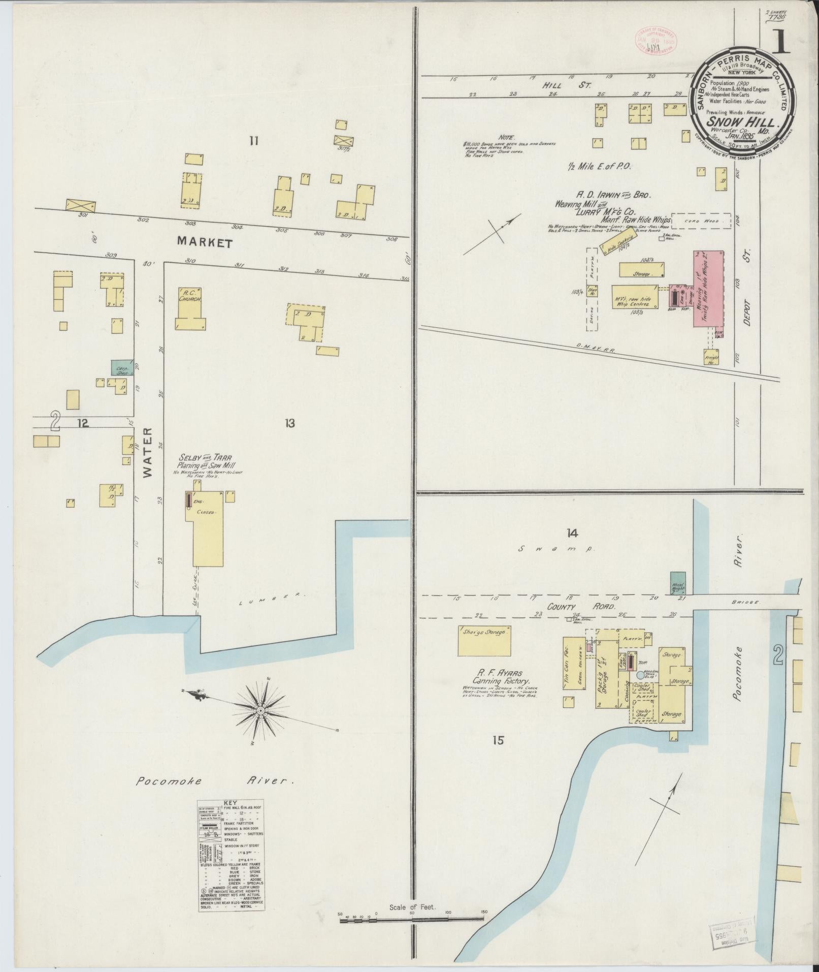 Sanborn Fire Insurance Map from Snow Hill, Worcester County, Maryland (1895), Sheet #0001 - Historic Sanborn Fire Insurance Map Print, vintage old map wall art, antique decor, genealogy gift, Maryland Maryland map