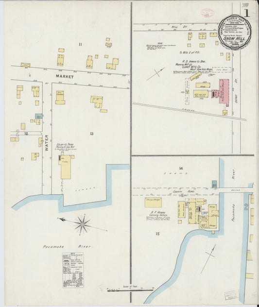 Sanborn Fire Insurance Map from Snow Hill, Worcester County, Maryland (1895), Sheet #0001 - Historic Sanborn Fire Insurance Map Print, vintage old map wall art, antique decor, genealogy gift, Maryland Maryland map