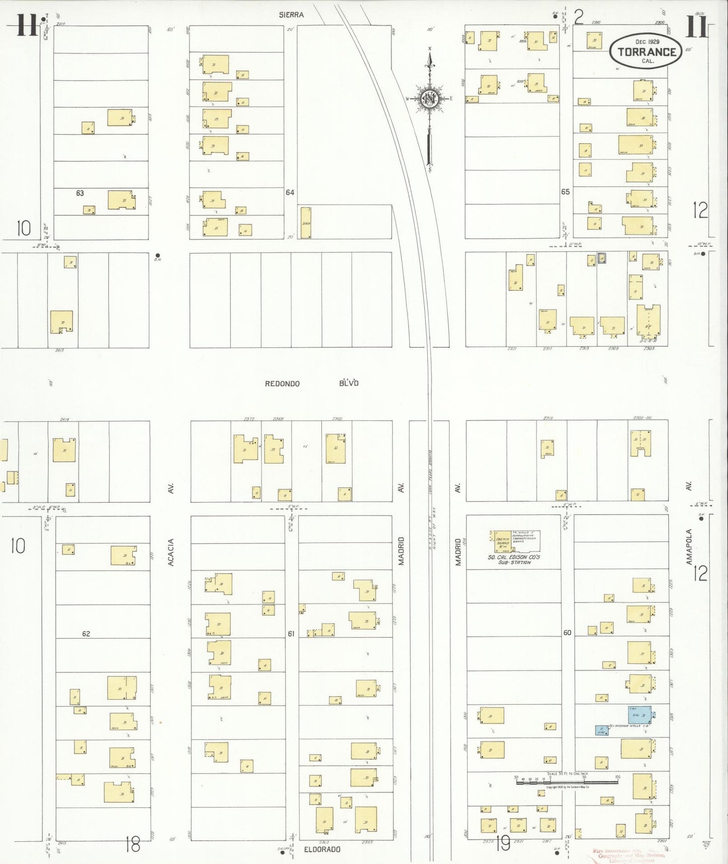 Sanborn Fire Insurance Map from Torrance, Los Angeles County, California (1929), Sheet #0011 - Complete Map Set gallery image, historic Sanborn map, vintage wall art, California California