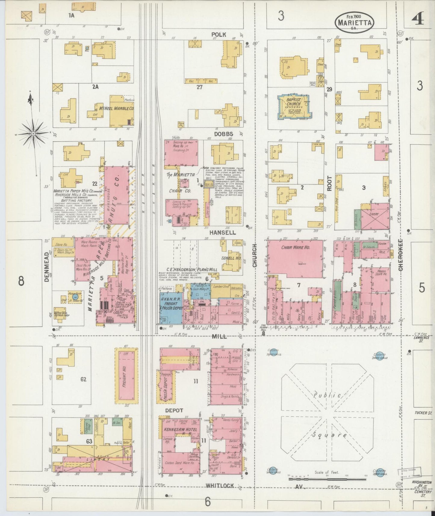 Sanborn Fire Insurance Map from Marietta, Cobb County, Georgia (1900), Sheet #0004 - Historic Sanborn Fire Insurance Map Print, vintage old map wall art, antique decor, genealogy gift, Georgia Georgia map