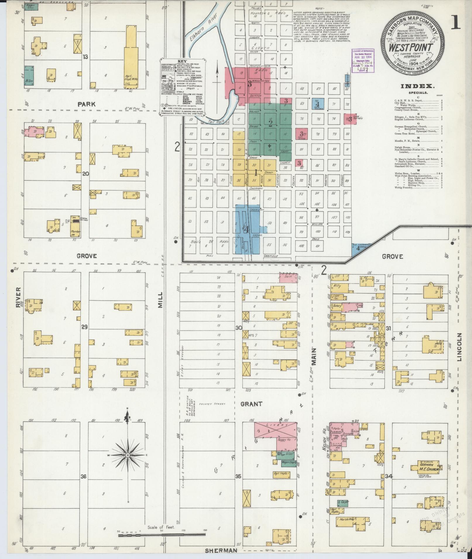 Sanborn Fire Insurance Map from West Point, Cuming County, Nebraska (1904), Sheet #0001 - Historic Sanborn Fire Insurance Map Print, vintage old map wall art, antique decor, genealogy gift, Nebraska Nebraska map