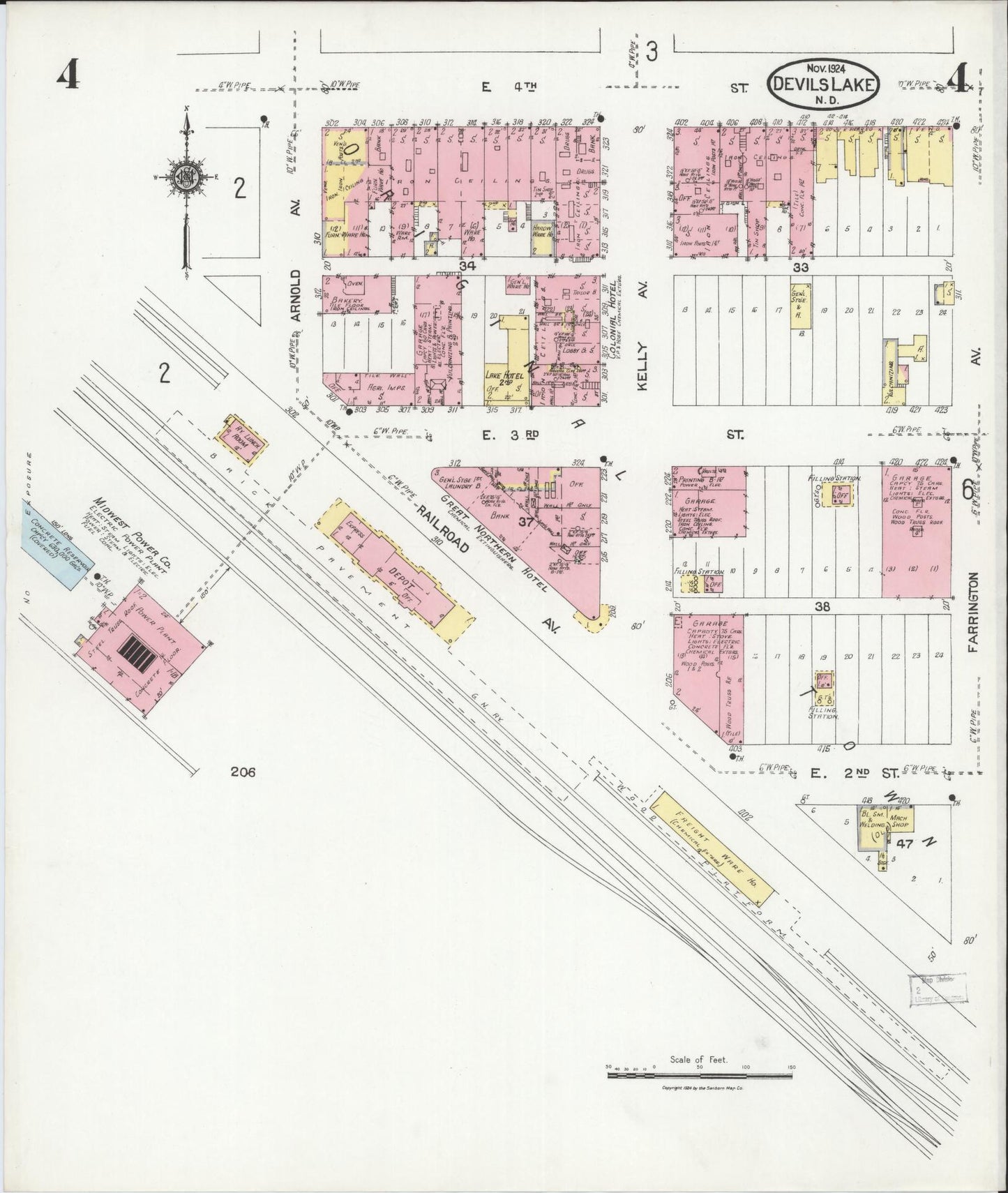 Sanborn Fire Insurance Map from Devils Lake, Ramsey County, North Dakota (1924), Sheet #0004 - Historic Sanborn Fire Insurance Map Print, vintage old map wall art, antique decor, genealogy gift, North Dakota North Dakota map