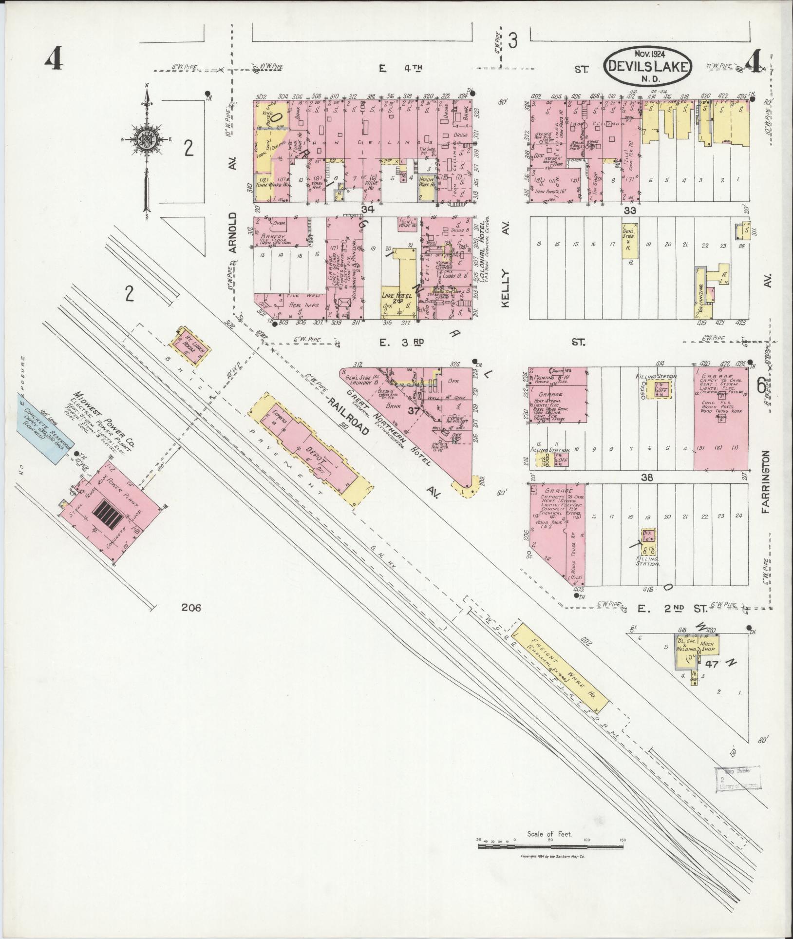Sanborn Fire Insurance Map from Devils Lake, Ramsey County, North Dakota (1924), Sheet #0004 - Historic Sanborn Fire Insurance Map Print, vintage old map wall art, antique decor, genealogy gift, North Dakota North Dakota map