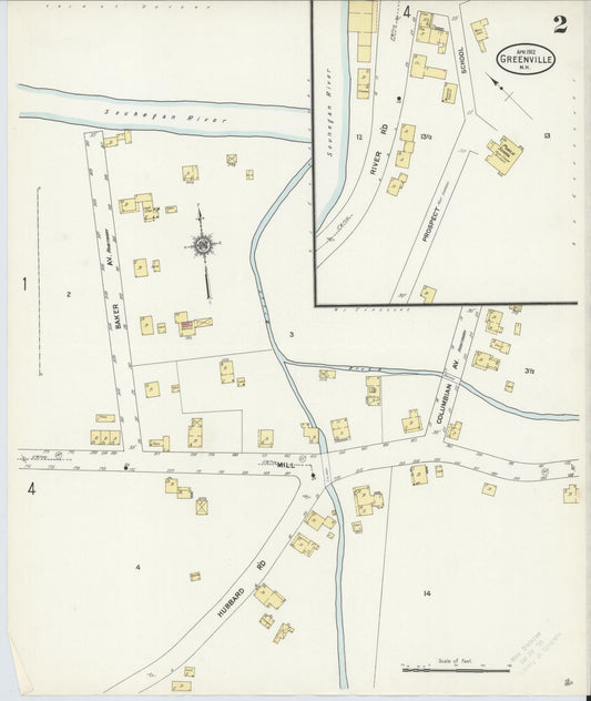 Sanborn Fire Insurance Map from Greenville, Hillsborough County, New Hampshire (1912), Sheet #0002 - Historic Sanborn Fire Insurance Map Print, vintage old map wall art, antique decor, genealogy gift, New Hampshire New Hampshire map