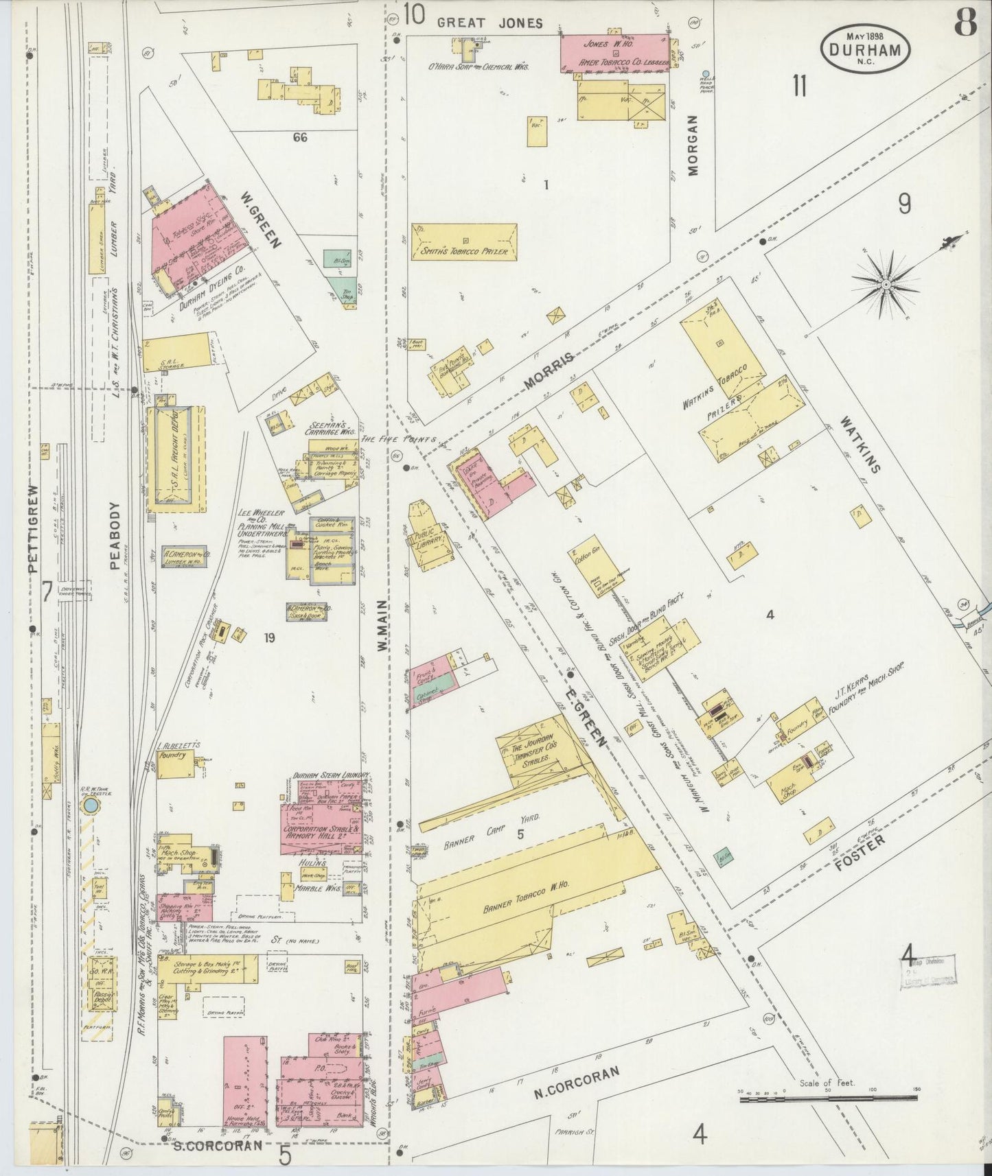 Sanborn Fire Insurance Map from Durham, Durham County, North Carolina (1898), Sheet #0008 - Complete Map Set gallery image, historic Sanborn map, vintage wall art, North Carolina North Carolina