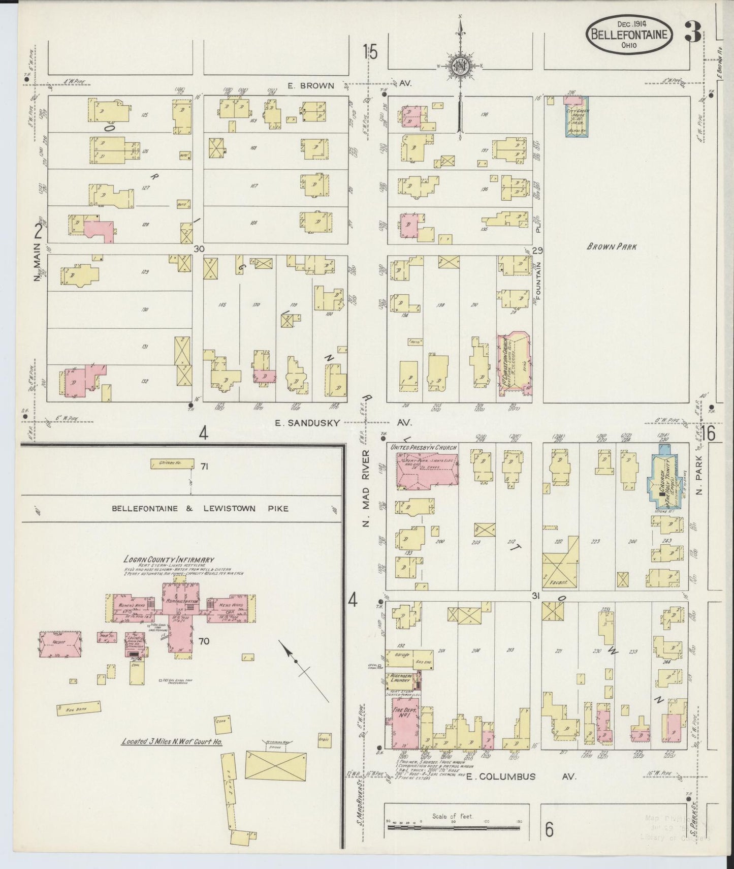 Sanborn Fire Insurance Map from Bellefontaine, Logan County, Ohio (1914), Sheet #0003 - Historic Sanborn Fire Insurance Map Print, vintage old map wall art, antique decor, genealogy gift, Ohio Ohio map