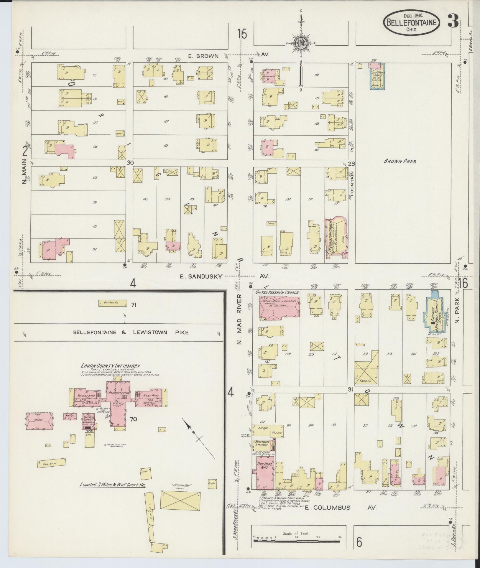 Sanborn Fire Insurance Map from Bellefontaine, Logan County, Ohio (1914), Sheet #0003 - Historic Sanborn Fire Insurance Map Print, vintage old map wall art, antique decor, genealogy gift, Ohio Ohio map
