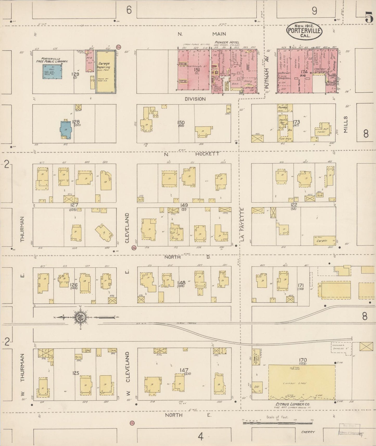 Sanborn Fire Insurance Map from Porterville, Tulare County, California (1912), Sheet #0005 - Complete Map Set gallery image, historic Sanborn map, vintage wall art, California California
