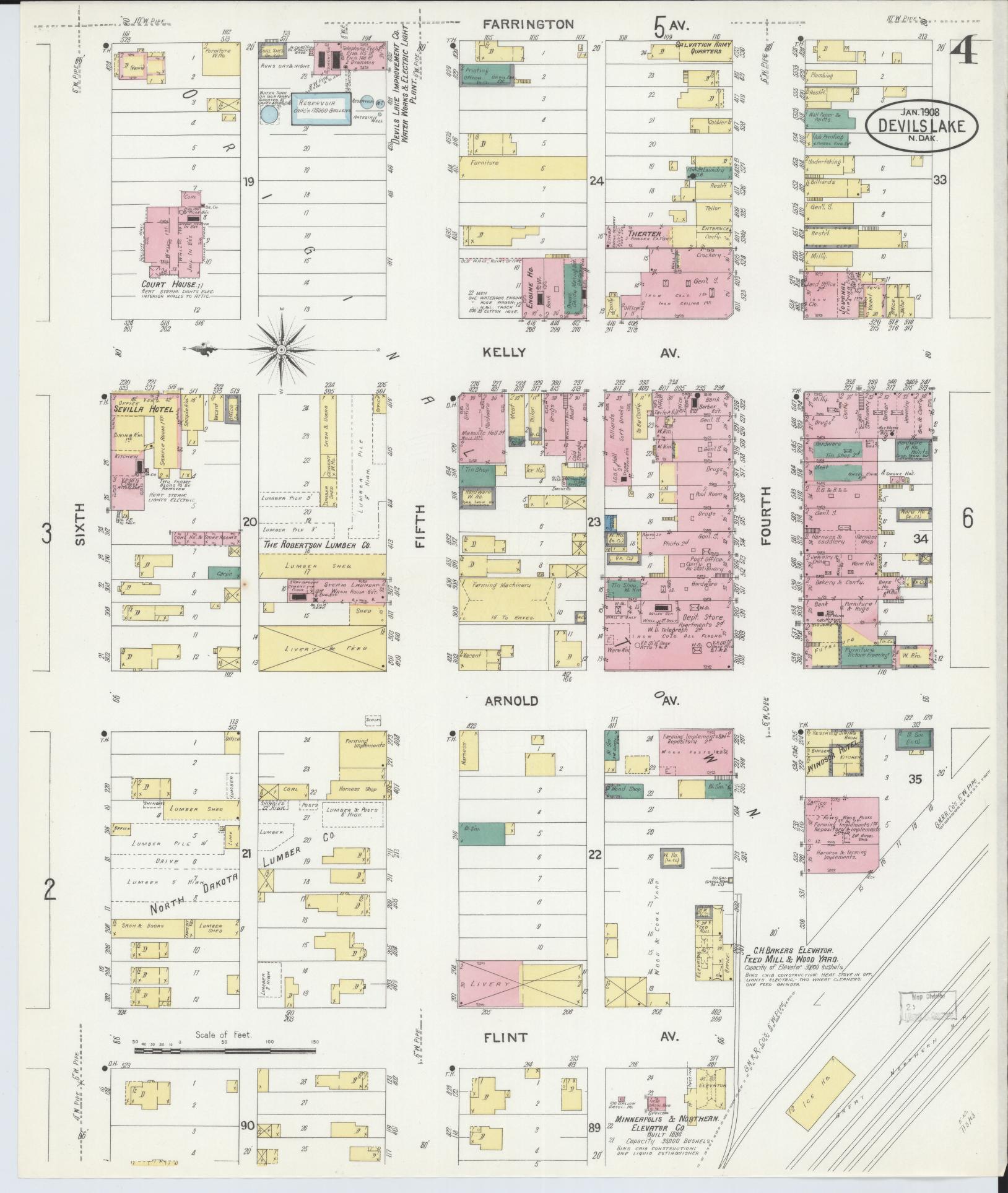 Sanborn Fire Insurance Map from Devils Lake, Ramsey County, North Dakota (1908), Sheet #0004 - Historic Sanborn Fire Insurance Map Print, vintage old map wall art, antique decor, genealogy gift, North Dakota North Dakota map