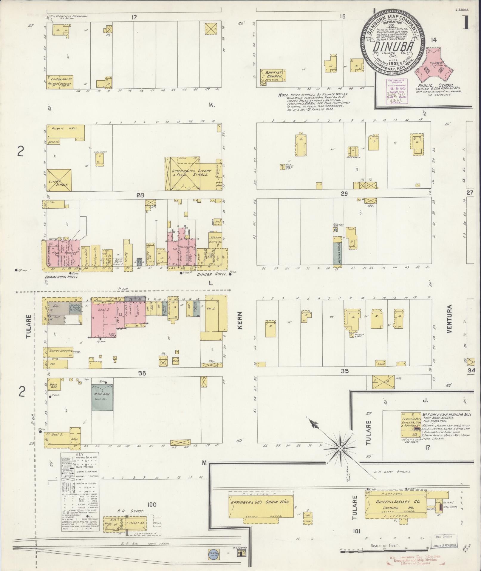 Sanborn Fire Insurance Map from Dinuba, Tulare County, California (1903), Sheet #0001 - Historic Sanborn Fire Insurance Map Print, vintage old map wall art, antique decor, genealogy gift, California California map