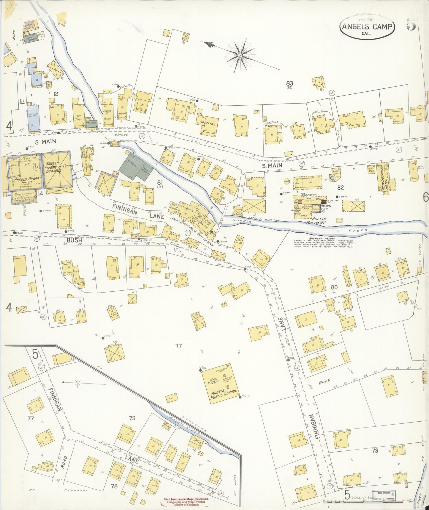 Sanborn Fire Insurance Map from Angels Camp, Calaveras County, California (1905), Sheet #0005 - Historic Sanborn Fire Insurance Map Print, vintage old map wall art, antique decor, genealogy gift, California California map