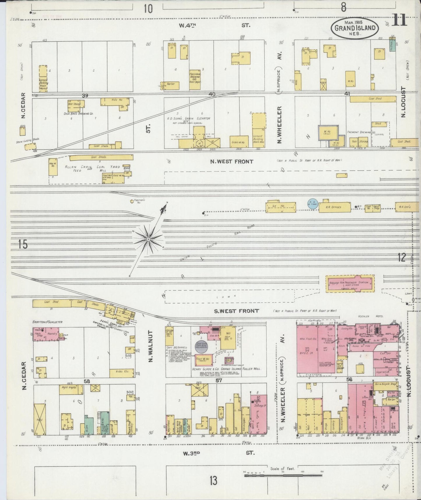 Sanborn Fire Insurance Map from Grand Island, Hall County, Nebraska (1905), Sheet #0011 - Historic Sanborn Fire Insurance Map Print, vintage old map wall art, antique decor, genealogy gift, Nebraska Nebraska map