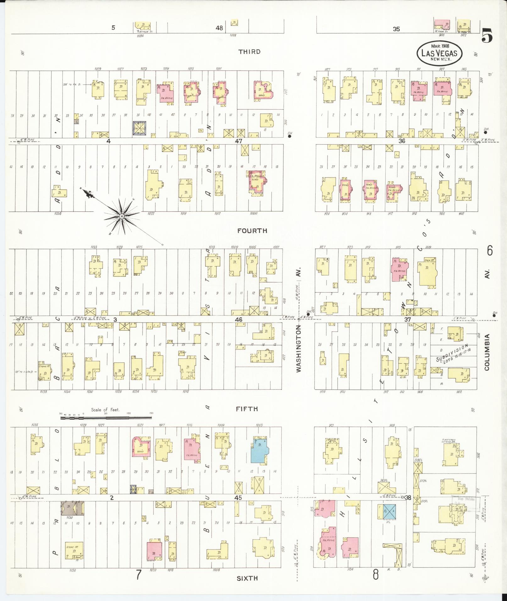 Sanborn Fire Insurance Map from Las Vegas, San Miguel County, New Mexico (1908), Sheet #0005 - Complete Map Set gallery image, historic Sanborn map, vintage wall art, New Mexico New Mexico
