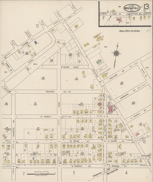 Sanborn Fire Insurance Map from Merchantville, Camden County, New Jersey (1921), Sheet #0013 - Historic Sanborn Fire Insurance Map Print, vintage old map wall art, antique decor, genealogy gift, New Jersey New Jersey map