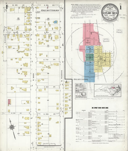 Sanborn Fire Insurance Map from Scotland Neck, Halifax County, North Carolina (1923), Sheet #0001 - Complete Map Set gallery image, historic Sanborn map, vintage wall art, North Carolina North Carolina
