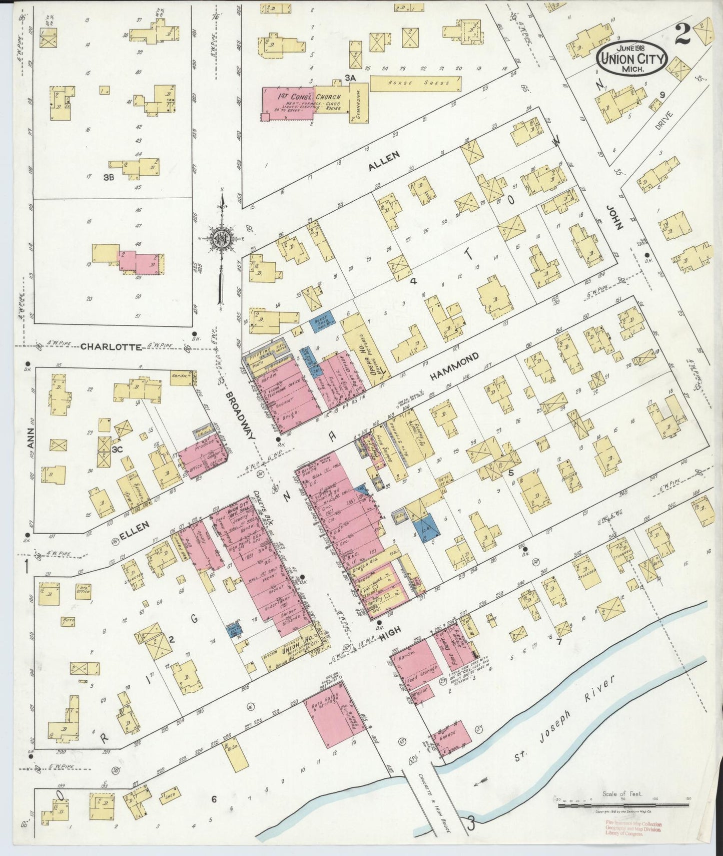 Sanborn Fire Insurance Map from Union City, Branch And Calhoun Counties, Michigan (1918), Sheet #0002 - Complete Map Set gallery image, historic Sanborn map, vintage wall art, Michigan Michigan