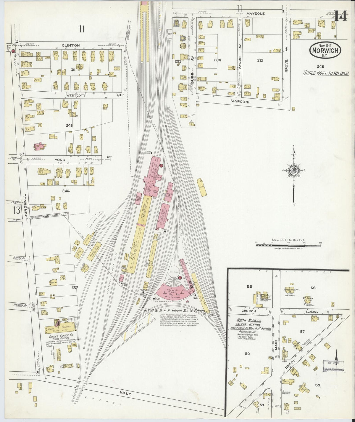 Sanborn Fire Insurance Map from Norwich, Chenango County, New York (1917), Sheet #0014 - Historic Sanborn Fire Insurance Map Print, vintage old map wall art, antique decor, genealogy gift, New York New York map