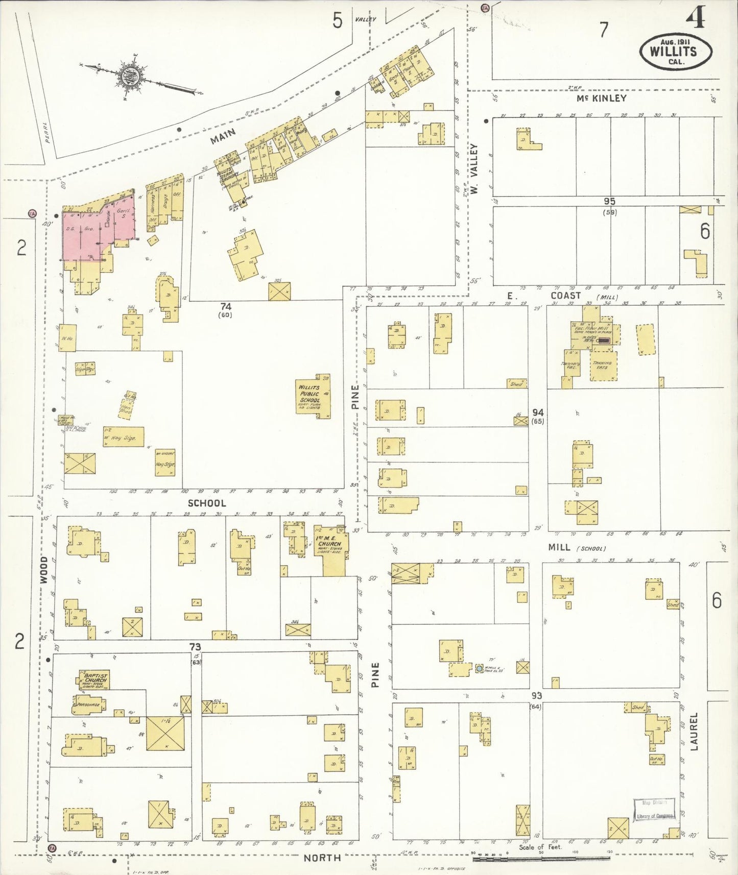 Sanborn Fire Insurance Map from Willits, Mendocino County, California (1911), Sheet #0004 - Complete Map Set gallery image, historic Sanborn map, vintage wall art, California California