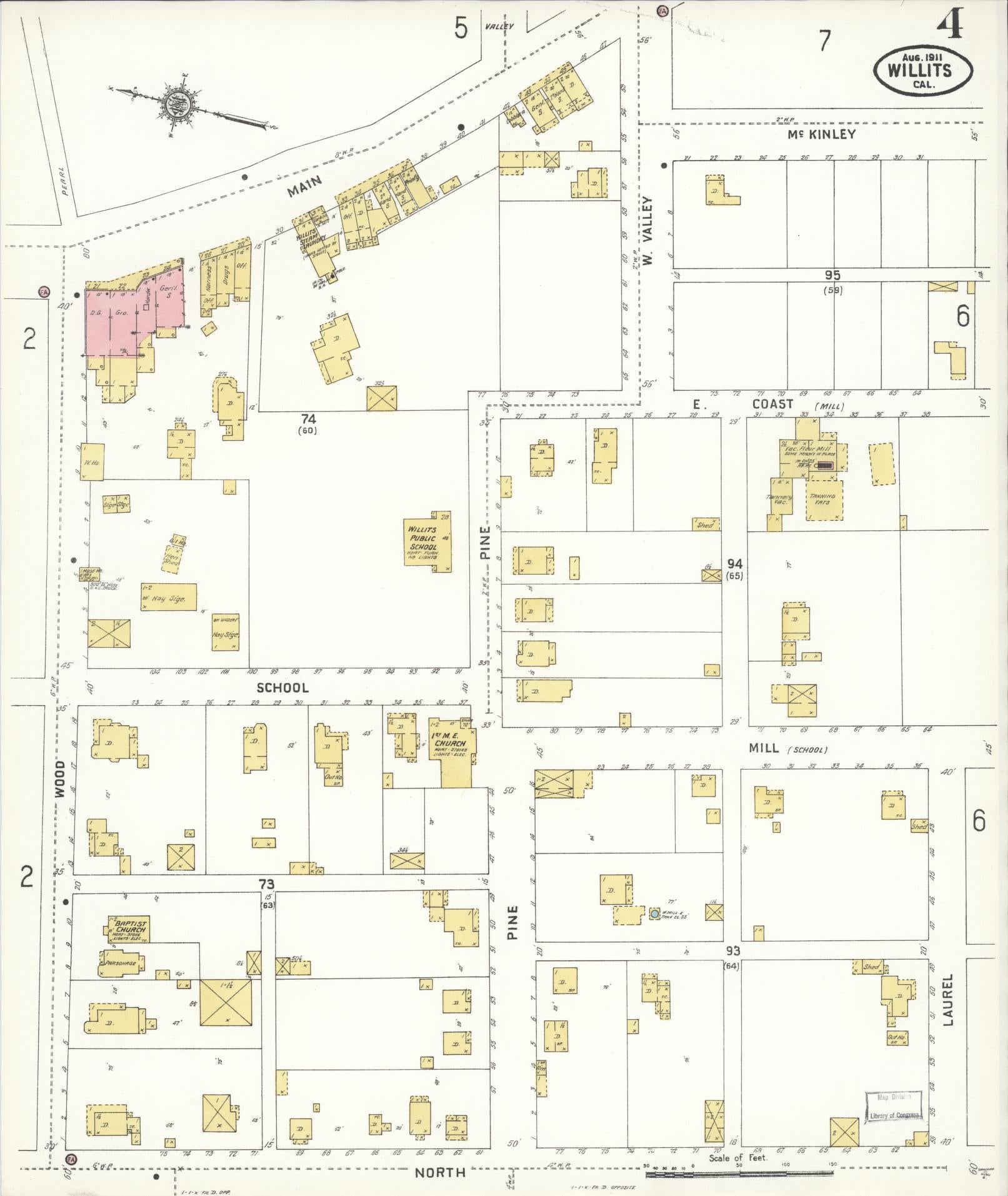 Sanborn Fire Insurance Map from Willits, Mendocino County, California (1911), Sheet #0004 - Complete Map Set gallery image, historic Sanborn map, vintage wall art, California California