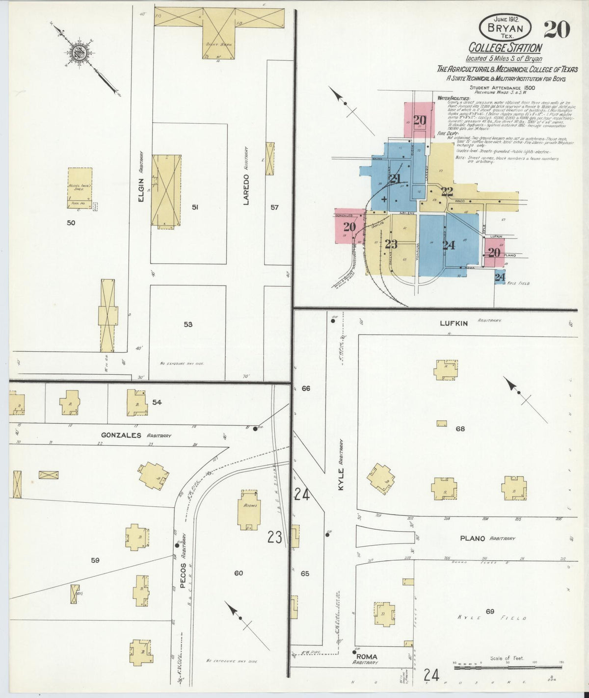 Sanborn Fire Insurance Map from Bryan, Brazos County, Texas (1912), Sheet #0020 - Complete Map Set gallery image, historic Sanborn map, vintage wall art, Texas Texas