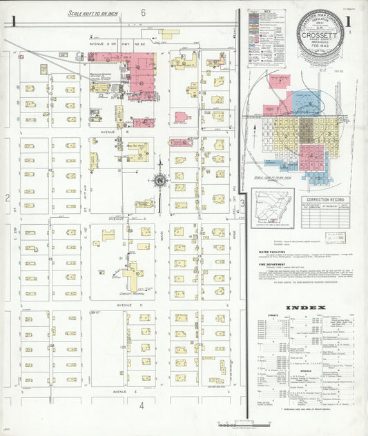 Sanborn Fire Insurance Map from Crossett, Ashley County, Arkansas (1943), Sheet #0001 - Historic Sanborn Fire Insurance Map Print, vintage old map wall art, antique decor, genealogy gift, Arkansas Arkansas map