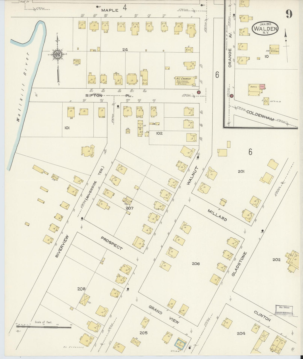 Sanborn Fire Insurance Map from Walden, Orange County, New York (1913), Sheet #0009 - Historic Sanborn Fire Insurance Map Print, vintage old map wall art, antique decor, genealogy gift, New York New York map
