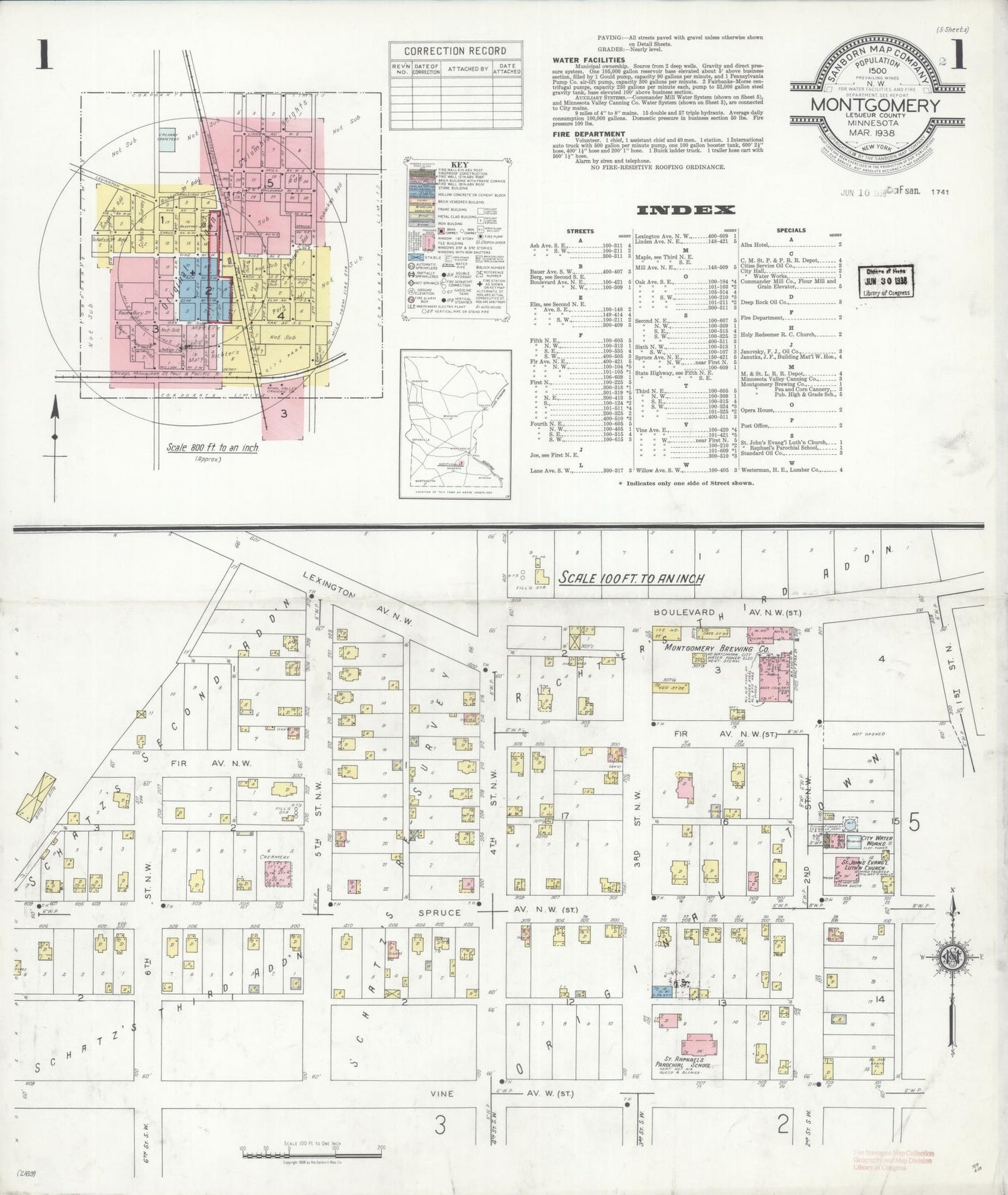 Sanborn Fire Insurance Map from Montgomery, Le Sueur  County, Minnesota (1938), Sheet #0001 - Complete Map Set gallery image, historic Sanborn map, vintage wall art, Minnesota Minnesota