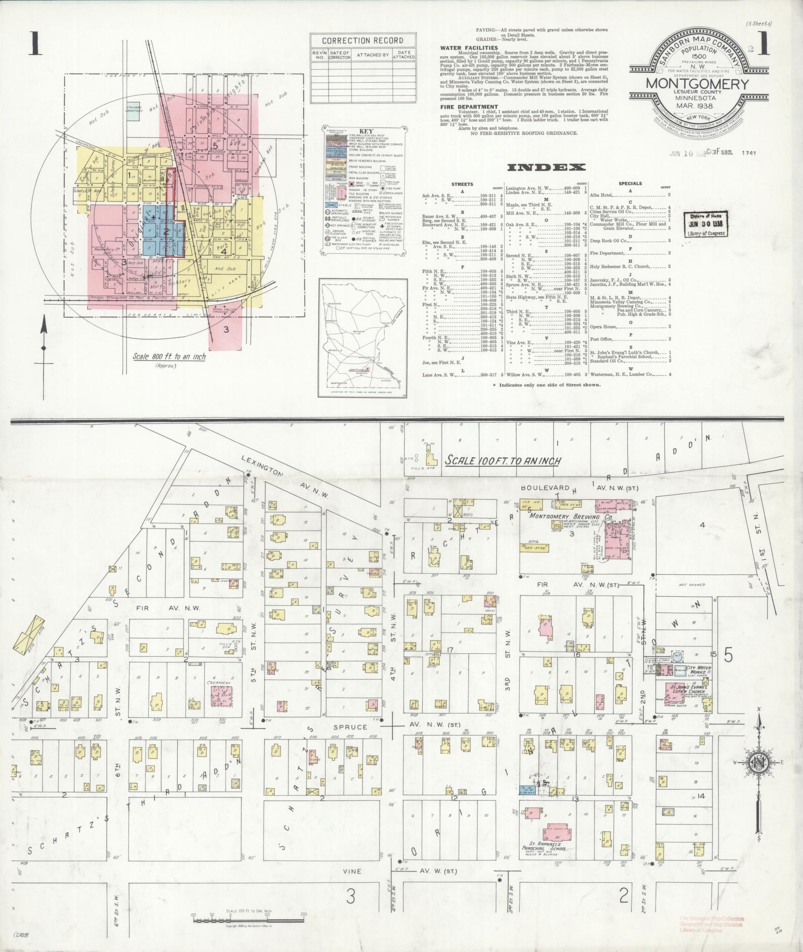 Sanborn Fire Insurance Map from Montgomery, Le Sueur  County, Minnesota (1938), Sheet #0001 - Complete Map Set gallery image, historic Sanborn map, vintage wall art, Minnesota Minnesota