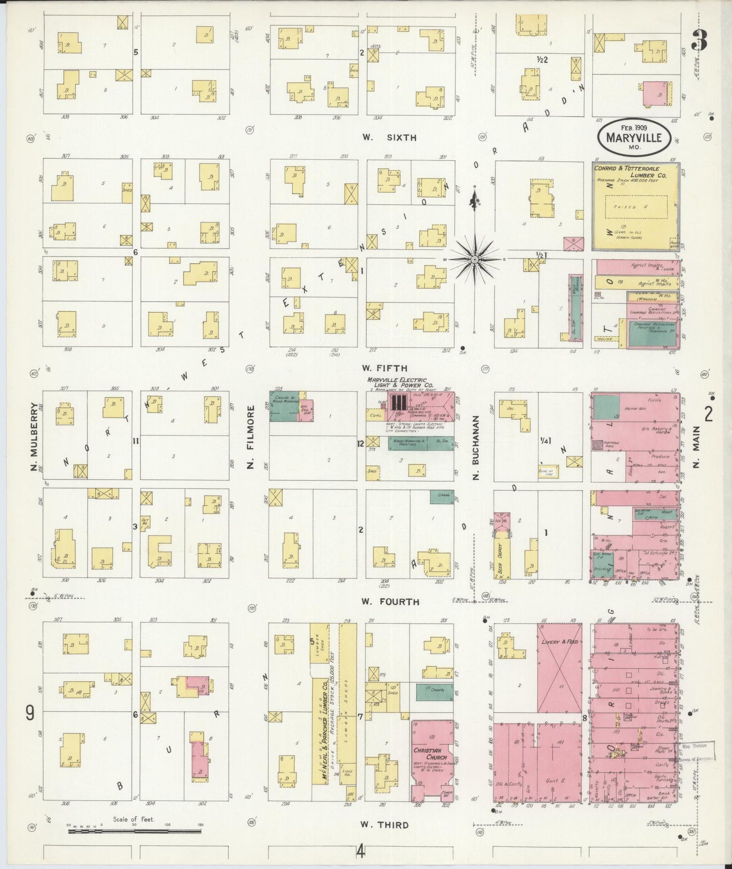 Sanborn Fire Insurance Map from Maryville, Nodaway County, Missouri (1909), Sheet #0003 - Historic Sanborn Fire Insurance Map Print, vintage old map wall art, antique decor, genealogy gift, Missouri Missouri map