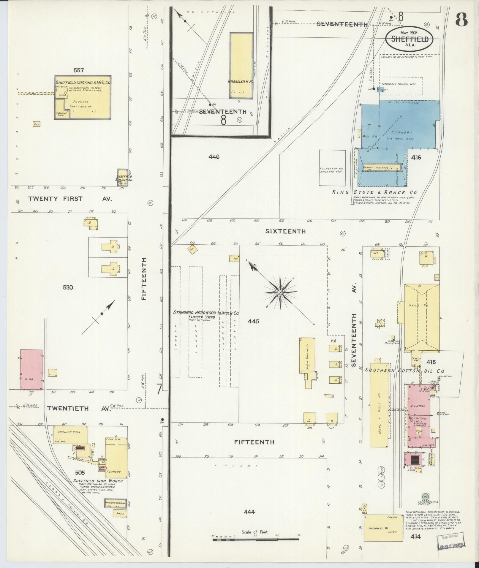 Sanborn Fire Insurance Map from Sheffield, Colbert County, Alabama (1908), Sheet #0008 - Historic Sanborn Fire Insurance Map Print, vintage old map wall art, antique decor, genealogy gift, Alabama Alabama map