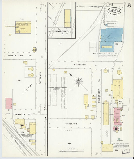 Sanborn Fire Insurance Map from Sheffield, Colbert County, Alabama (1908), Sheet #0008 - Historic Sanborn Fire Insurance Map Print, vintage old map wall art, antique decor, genealogy gift, Alabama Alabama map