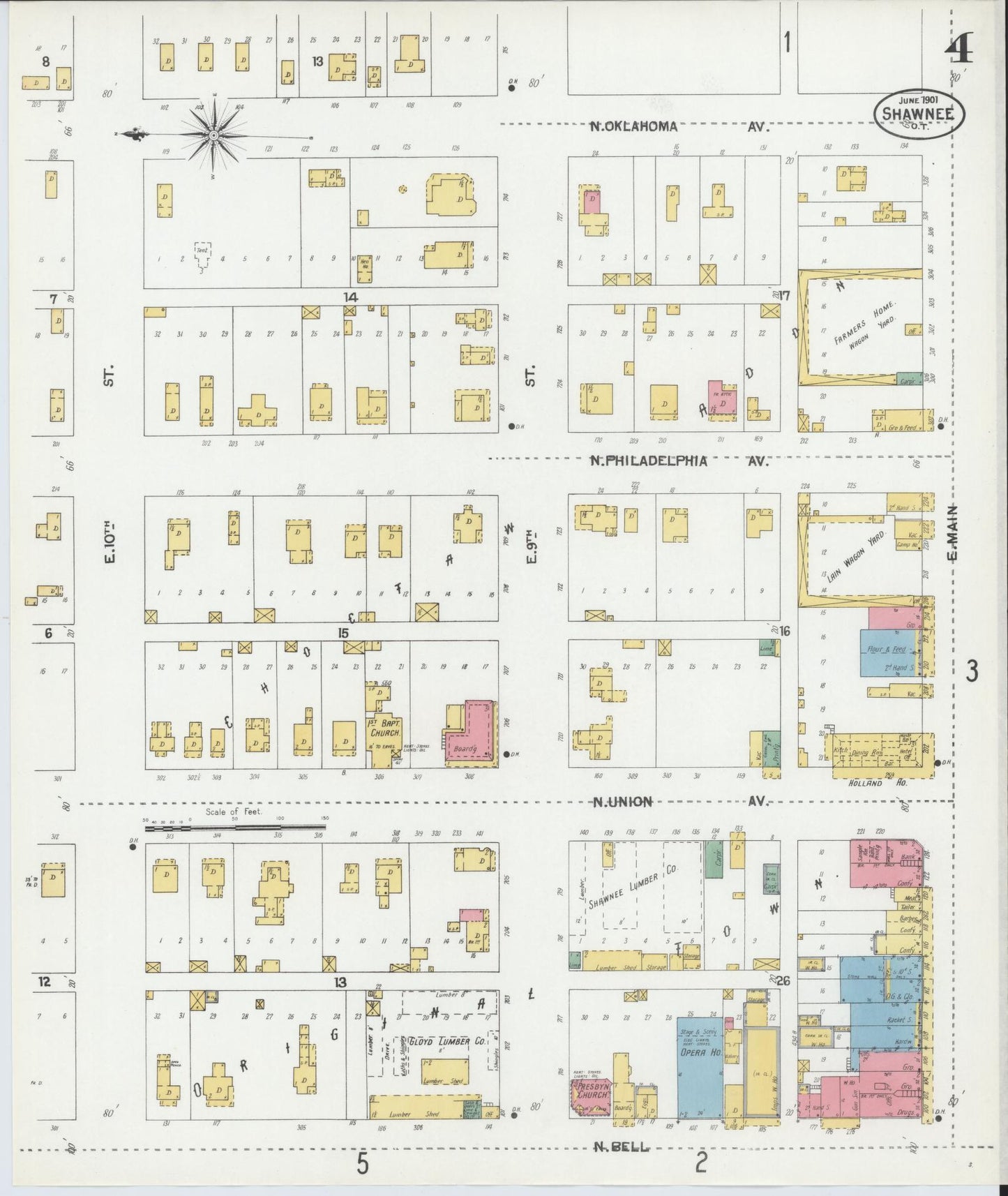 Sanborn Fire Insurance Map from Shawnee, Pottawatomie County, Oklahoma (1901), Sheet #0004 - Complete Map Set gallery image, historic Sanborn map, vintage wall art, Oklahoma Oklahoma