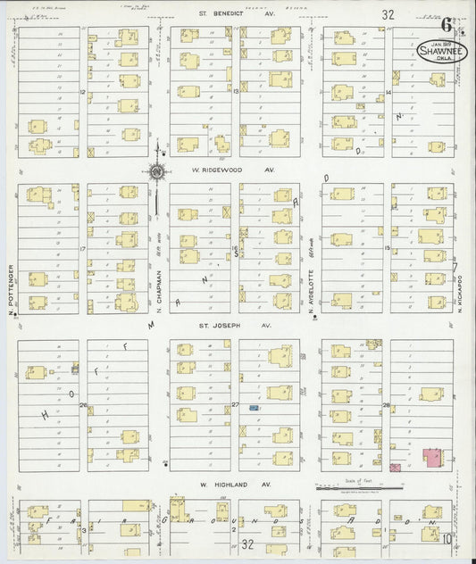 Sanborn Fire Insurance Map from Shawnee, Pottawatomie County, Oklahoma (1919), Sheet #0006 - Historic Sanborn Fire Insurance Map Print, vintage old map wall art, antique decor, genealogy gift, Oklahoma Oklahoma map