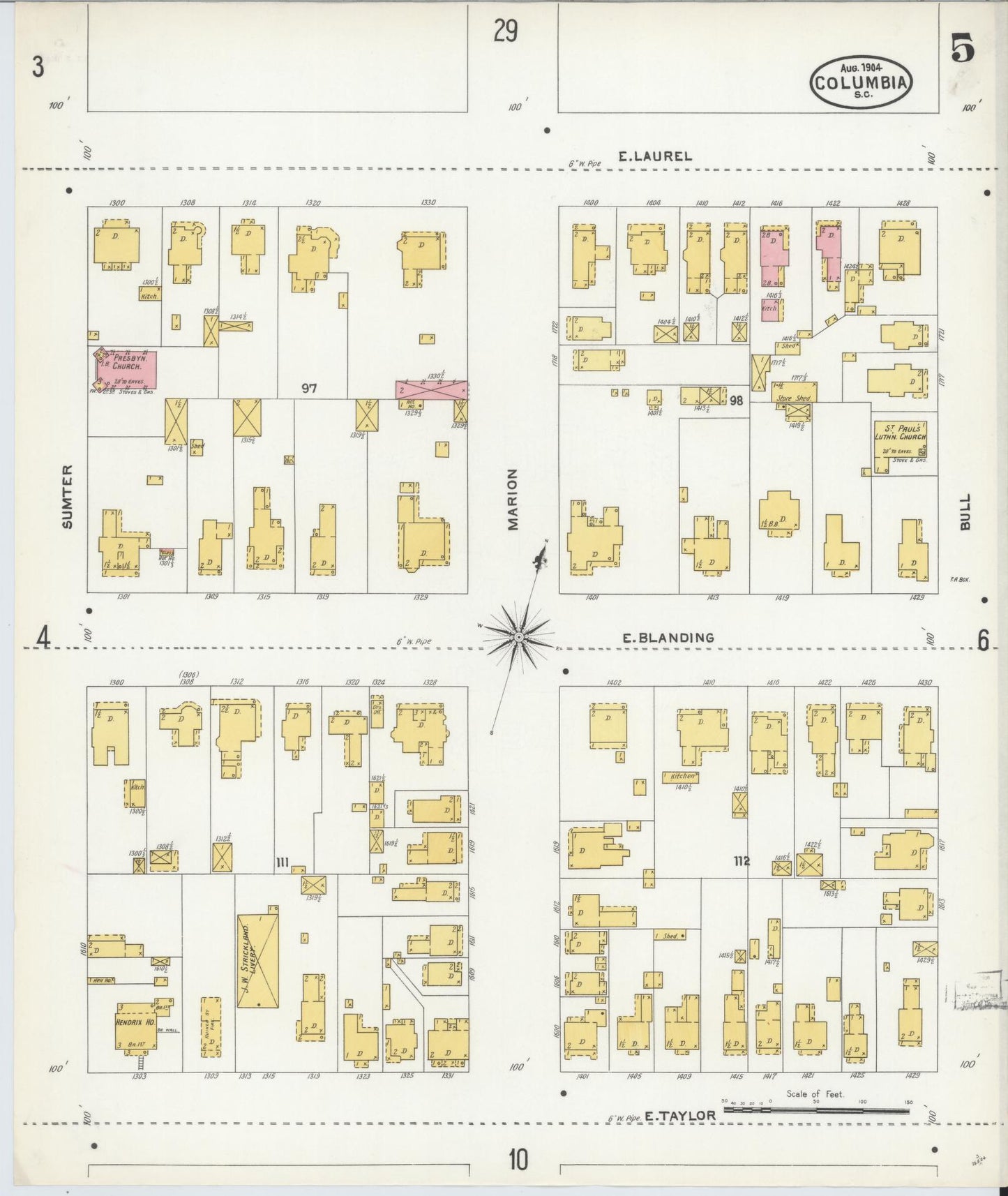 Sanborn Fire Insurance Map from Columbia, Richland County, South Carolina (1904), Sheet #0005 - Complete Map Set gallery image, historic Sanborn map, vintage wall art, South Carolina South Carolina