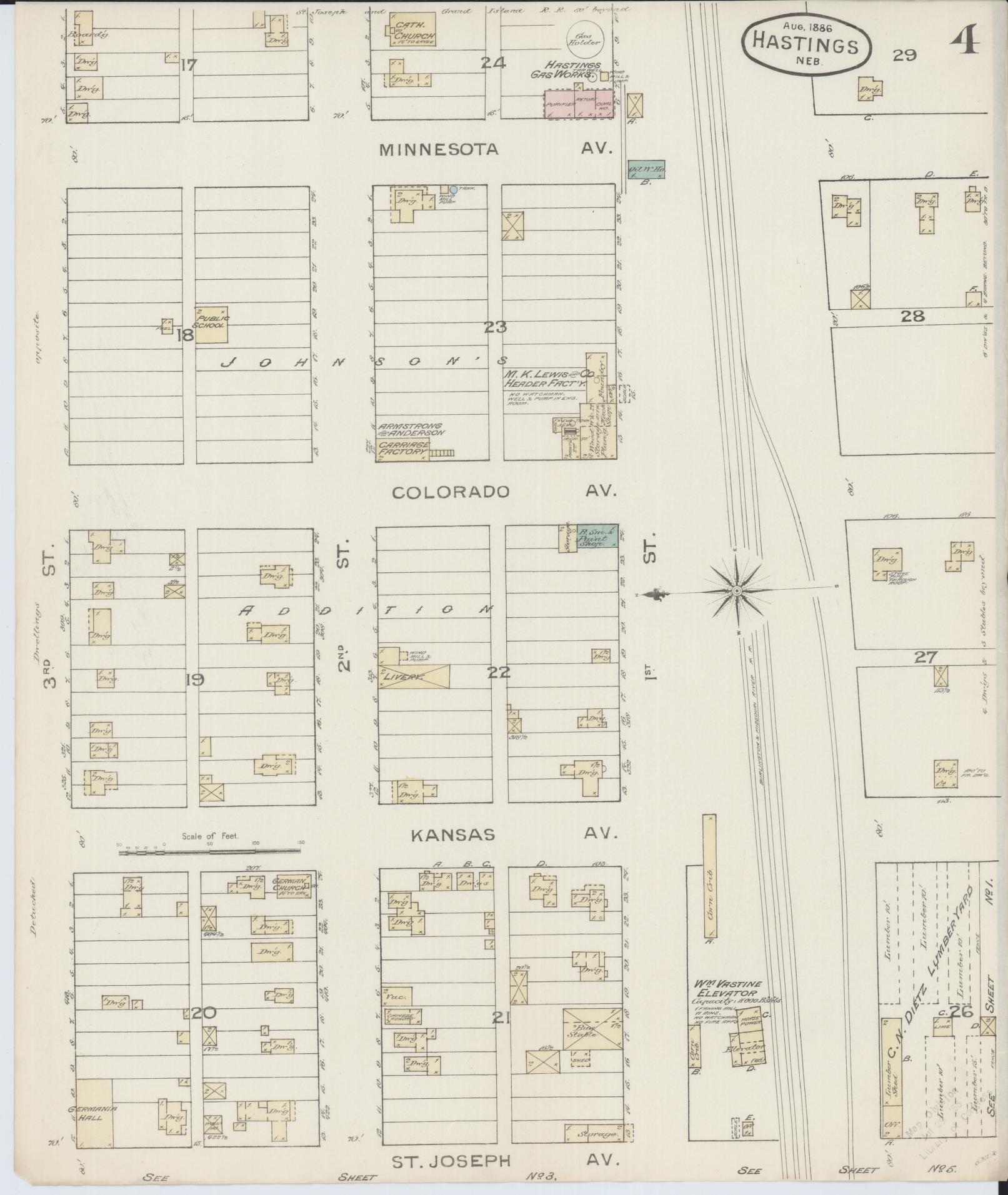 Sanborn Fire Insurance Map from Hastings, Adams County, Nebraska (1886), Sheet #0004 - Complete Map Set gallery image, historic Sanborn map, vintage wall art, Nebraska Nebraska