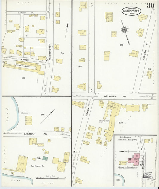 Sanborn Fire Insurance Map from Gloucester, Essex County, Massachusetts (1909), Sheet #0030 - Historic Sanborn Fire Insurance Map Print, vintage old map wall art, antique decor, genealogy gift, Massachusetts Massachusetts map