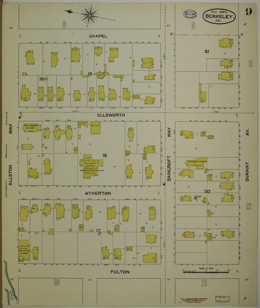 Sanborn Fire Insurance Map from Berkeley, Alameda County, California (1894), Sheet #0009 - Historic Sanborn Fire Insurance Map Print, vintage old map wall art, antique decor, genealogy gift, California California map