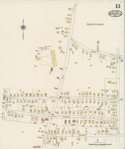 Sanborn Fire Insurance Map from Greenfield, Franklin County, Massachusetts (1922), Sheet #0013 - Historic Sanborn Fire Insurance Map Print, vintage old map wall art, antique decor, genealogy gift, Massachusetts Massachusetts map